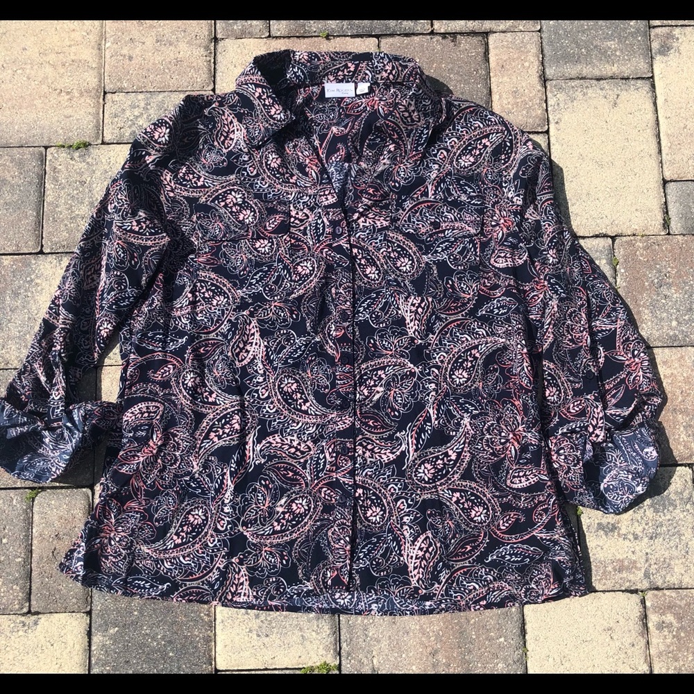Kim Rogers  V Neck Button Down Blue Paisley Blouse